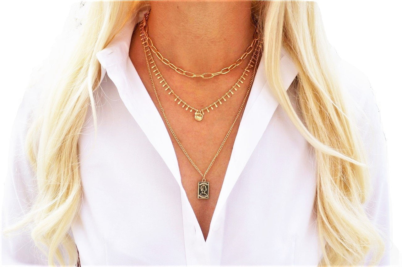 Three Layer Necklace w/ Rectangle Pendant Worn by another female model