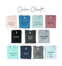 Thumbnail for Various colors shown for the Adventure Is Calling T-shirt peach blue dusty blue mauve black dark gray heather gray heather mint navy deep heather and heather ice blue
