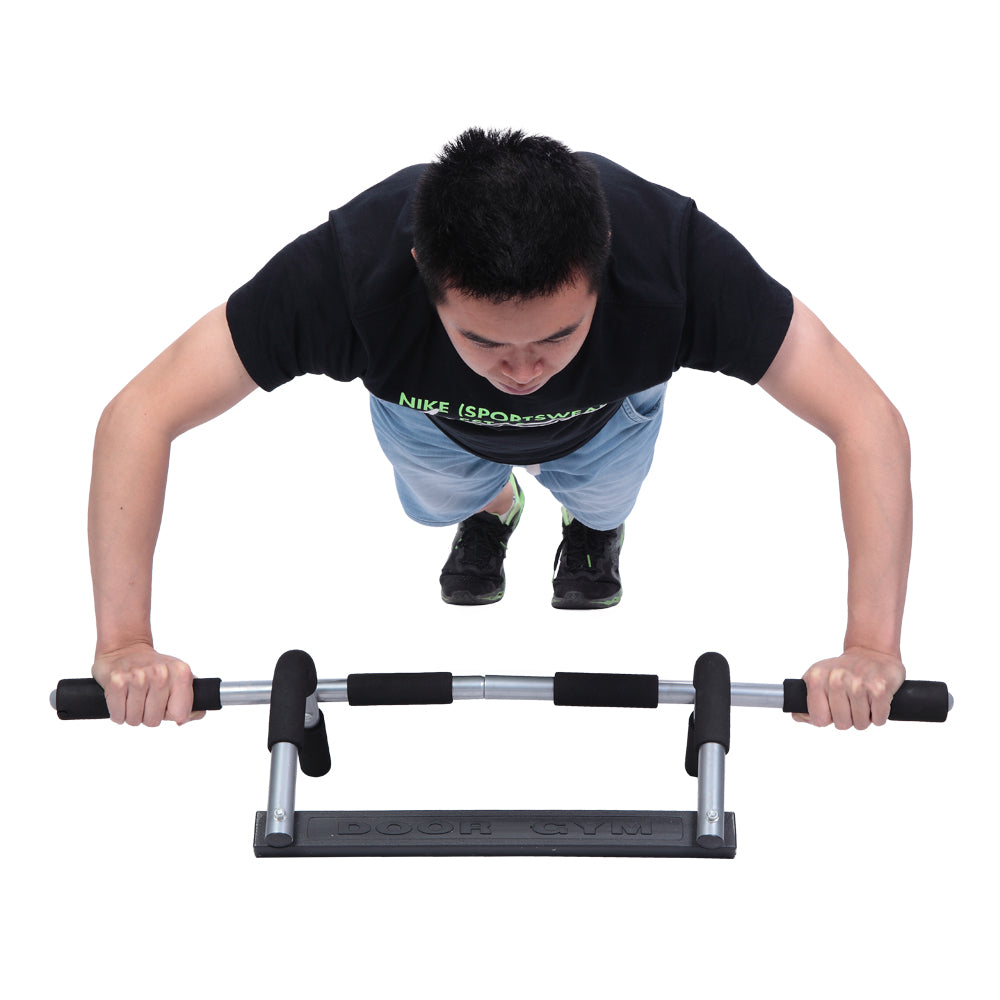 Male model doing pushups with the Simple Iron Doorway Pull-Up Bar